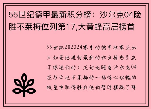 55世纪德甲最新积分榜：沙尔克04险胜不莱梅位列第17,大黄蜂高居榜首 - 副本